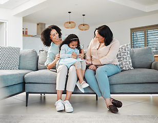 Image showing Funny, tickling and mother with kid, grandmother and bonding together in home. Love, happy and mom with grandma, girl and child on sofa in lounge, play game and laughing with family on couch in house