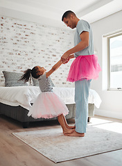 Image showing Dance, bedroom and a father with his daughter for fantasy fun together in their home in the morning. Love, family or children with a man and girl kid moving to music while bonding for trust or care