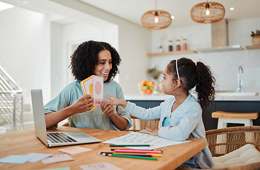 Image showing Homework, education and mother with girl with card for learning, child development and studying. Family, school and happy mom with kid at table with paper for creative lesson, teaching and knowledge