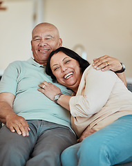 Image showing Funny, portrait and senior couple in home living room, bonding and relax together for retirement. Face, laughing and elderly man and woman hug on sofa in lounge, smile and happy in house with love