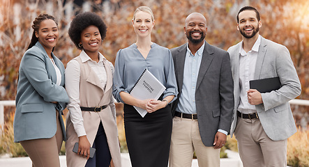 Image showing Portrait, diversity and leadership with a business team standing outdoor for corporate development. Management, collaboration and smile with a happy group of professional colleagues outside in autumn