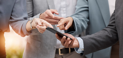 Image showing Business people, phone and hands pointing outdoor to social media and networking app. Group, technology and employee mobile blog with online communication and digital check on company website