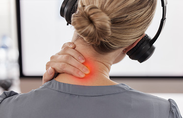 Image showing Call center, neck pain and injury with business woman in office for inflammation, burnout and stress. Accident, tired and strain with closeup of female employee for emergency, frustrated and problem