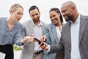 Image showing Business people, phone text and pointing outdoor to social media and networking app. Happy group, technology and employee mobile blog with online communication and digital check on company website