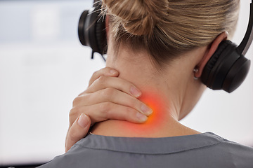 Image showing Call center, neck pain and stress with business woman in office for inflammation, burnout and injury. Accident, tired and fatigue with closeup of female employee for emergency, frustrated and problem