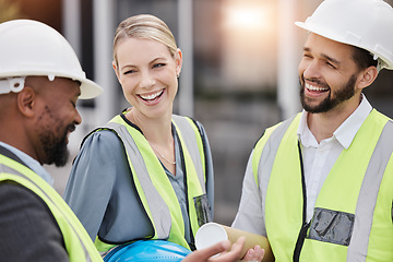 Image showing Construction team, communication and laugh with teamwork and builder collaboration. Building engineer, management or maintenance work of contractor group with funny joke on job site with conversation