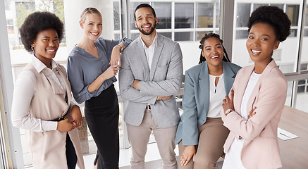 Image showing Portrait, business and group with smile at workplace for finance teamwork with pride. Diversity, professional and people with confidence or leadership at corporate company with support or motivation.