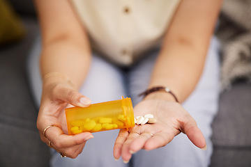 Image showing Woman hands, medicine and bottle of tablet, iron supplements and daily vitamins at home. Closeup, container of pills and prescription drugs in palm of sick person for medical, product and healthcare