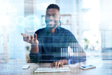 Image showing Business man, hologram and future technology in an office for internet connection and innovation. Global, network and a black male person at desk for iot, ai overlay and big data or information