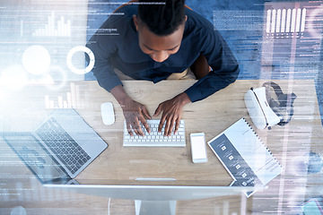 Image showing Man, web data overlay and typing on computer with online analytics, work and tech research. Top view, IT management and future technology with software development and ux project for company website