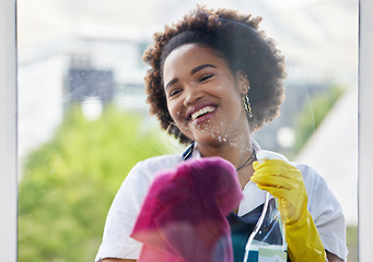 Image showing Black woman, cleaning spray and bottle on windows with cloth for hygiene of bacteria, dust and germs. Happy cleaner, housekeeping and chemical liquid for dirt, glass surface and hospitality services