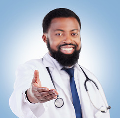 Image showing Doctor, portrait and black man in studio with hand, offer or deal, promo or announcement on blue background. Face, smile and African male healthcare expert with advice, questions or invitation sign
