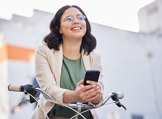 Image showing Phone, bicycle and thinking with business woman in city for search, vision and communication. Mobile app, idea and networking with female employee on bike for contact, technology and social media