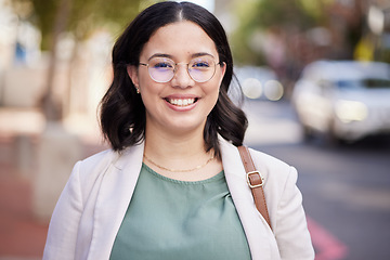 Image showing Smile, happy and portrait of business woman in city for professional, pride and entrepreneur. Creative, empowerment and confidence with face of female employee for career, glasses and happiness