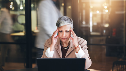 Image showing Stress, headache and laptop with business woman in office for fatigue, anxiety and report. Mental health, burnout and frustrated with senior employee and blur for glitch, confused and project problem