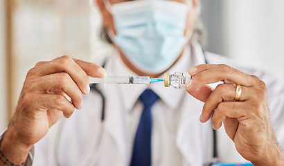 Image showing Medical, vaccination and hands of doctor with a needle for a flu, cold or allergy treatment. Professional, injection vial and closeup of healthcare worker with smallpox vaccine syringe in clinic.