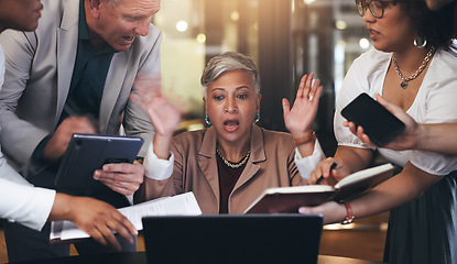 Image showing Stress, multitasking and senior business woman with chaos, team pressure and workflow crisis in office. Time management, fail and corporate employee with anxiety, mistake and migraine with documents