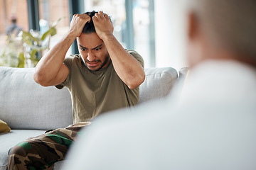 Image showing Army anger, ptsd and man in therapy with stress from war and a psychologist for support. Depression, thinking and military worker or soldier with anxiety in counseling with a healthcare professional