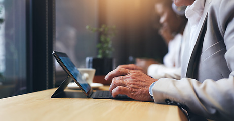 Image showing Cafe, tablet and business person hands typing, remote work and online management, research or proposal for e commerce. Corporate worker writing financial report on digital technology at coffee shop