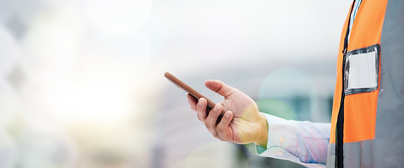 Image showing Phone, architecture and hands of person on construction site for engineering, space and communication. Building, social media and banner with closeup of contractor for contact, networking and mockup