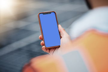 Image showing Man, hands and phone mockup on rooftop for communication, construction or outdoor networking. Closeup of male person, architect or engineer working on mobile smartphone display or mock up space