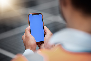 Image showing Man, hands and phone mockup in city for communication, construction or outdoor networking. Closeup of male person, architect or engineer working on mobile smartphone app, display or mock up space