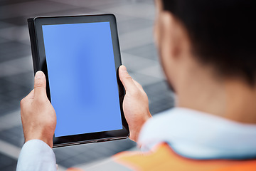 Image showing Man, hands and tablet mockup on rooftop for communication, construction or outdoor networking. Closeup of male person, architect or engineer working on technology display or mock up space in the city