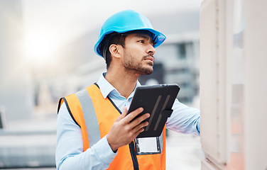 Image showing Tablet, engineering and man with air conditioning on roof for repair, maintenance and inspection. Solar power, construction and male worker on digital tech online for service, check and electricity