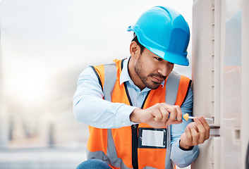 Image showing Tool, engineering and man with air conditioner for repair, maintenance and inspection on roof. Solar power, construction and male worker with equipment for service, installation and electricity check