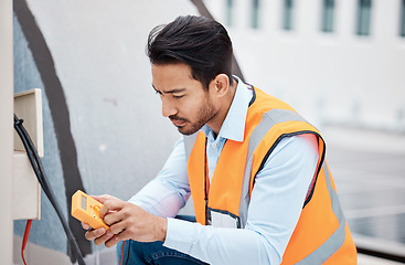 Image showing Multimeter, electricity and man with air conditioner for repair, maintenance and inspection on roof. Solar power, construction and male worker with tools for service, installation and engineering