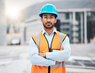 Image showing Portrait, construction worker and man with arms crossed with solar panel maintenance outdoor. Roof, eco engineer and green energy project with builder and sustainability contractor ready for work