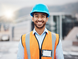 Image showing Happy asian man, architect and portrait in city for construction, installation or inspection on rooftop. Male person, engineer or contractor smile for architecture career, building or maintenance