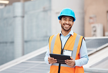 Image showing Construction worker, tablet and portrait of man with research and digital data for solar panel installation. Happy, engineer and male contractor with eco and energy project with tech and online plan