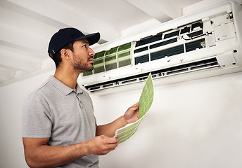 Image showing Handyman service, air conditioner technician and man, working on ventilation filter and ac repair. Contractor, maintenance or electric aircon machine expert problem solving or cleaning dust in office