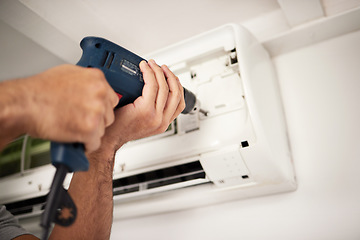 Image showing Maintenance, air conditioner and hands of man with drill working on ventilation filter or ac repair technician. Contractor, handyman or electric aircon machine expert problem solving with power tools