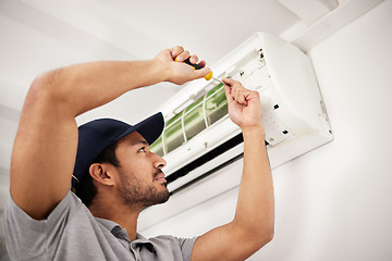 Image showing Air conditioner, man and electrical machine repair with person in a home with ac box. Maintenance, screwdriver and system control for installation, inspection of aircon fix in house with contractor