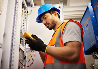 Image showing Electrician, energy and inspection with man in control room for multimeter, mechanic and safety. Electricity, engineering and power with technician and check for generator, maintenance and circuit