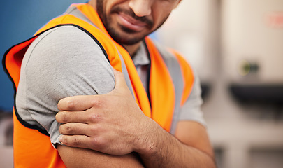 Image showing Hand, construction worker and arm pain from building, handyman injury or maintenance stress. Sad, safety and a person with inflammation, medical emergency or a problem while working on a site