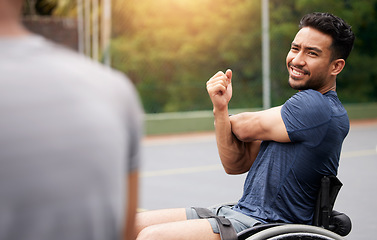 Image showing Sports, stretching and wheelchair user with man on basketball court for training, challenge and competition. Fitness, health and warm up with person with a disability for workout, game and start