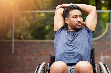 Image showing Fitness, stretching and wheelchair user with man on basketball court for training, challenge and competition. Sports, health and warm up with person with a disability for workout, game and start