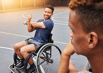 Image showing Sports, wheelchair user and man on basketball court for training, challenge and competition. Fitness, health and warm up with person with a disability and stretching for workout, game and start