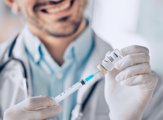 Image showing Man, doctor and hands with syringe for vaccine, healthcare or medication for injection at hospital. Closeup of male person or medical professional with needle for dose, diagnosis or drugs at clinic