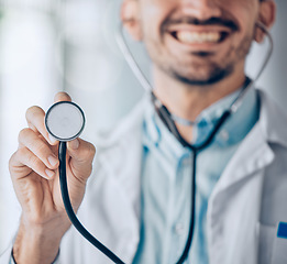 Image showing Man, doctor and hands with stethoscope for heart beat, checkup or consultation at the hospital. Closeup of male person, nurse or surgeon with medical tool for monitoring or listening at the clinic