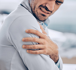 Image showing Man, doctor and hands with arm pain, injury or inflammation in healthcare accident at the hospital. Frustrated male person or medic with sore muscle, tension or pressure in discomfort at the clinic