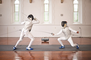 Image showing People, training and fighting in fencing competition, duel or combat with martial arts fighter and athlete with a sword and weapon. Warrior, blade and couple in creative fight, exercise or fitness