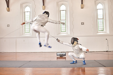 Image showing Fencing, exercise and people battle, jump and training, fitness or workout for energy with epee sword in club. Fight, fencer or athlete in performance, competition or sports with mask, helmet or suit