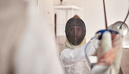 Image showing Fencing, fight and training with a sword in an exercise and fighting with a weapon or duel in sports with martial arts athlete. Couple, combat and competition with fighter, blade and equipment