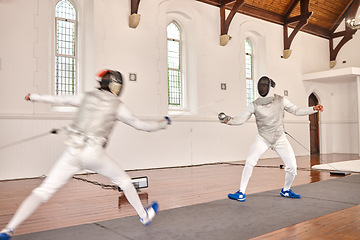 Image showing Fencing, sport and men with sword to fight in training, exercise or workout in a hall. Martial arts, match and fencers or people with mask and costume for fitness, competition or target in swordplay