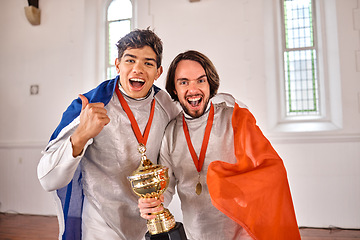 Image showing Flag, fencing and portrait of men with trophy for winning competition, challenge and match. Thumbs up, sword fighting and excited male athletes celebrate with prize for games or global tournament