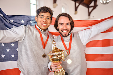 Image showing Trophy, sports and portrait of men with American flag, winning at competition and happy games. Smile, performance award and gold medal winner team on podium for celebration of success at challenge.